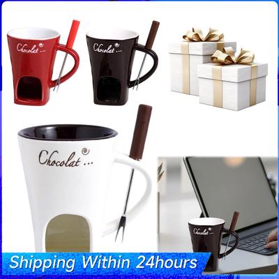 Candle Cup Ceramic Chocolate Cup with Fork Chocolate Fondue Mug Personal Fondue Mugs for Date Night Birthday & Wedding Gifts