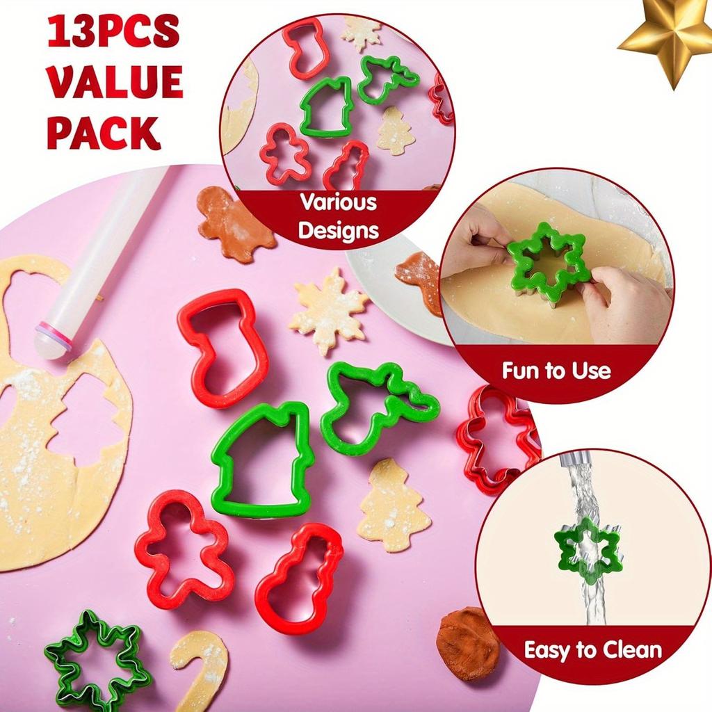 JOYFY 13 PCS Christmas Cookie Cutters in Stainless Steel with 3.5 plus Grip and a Rolling Pin for Xmas Holiday Party Baking
