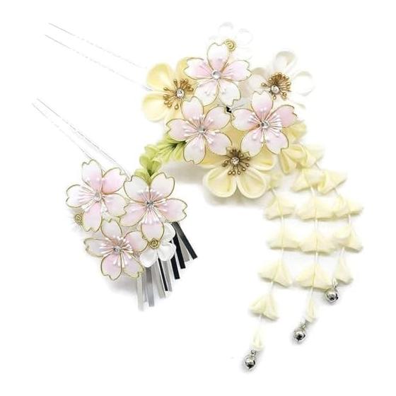 2-Piece Hair Accessory Set for Formal Occasions - White Tsumami Zaiku with Silver Dangles, Ivory, Cream - Premium Hair Ornaments for Kimono,