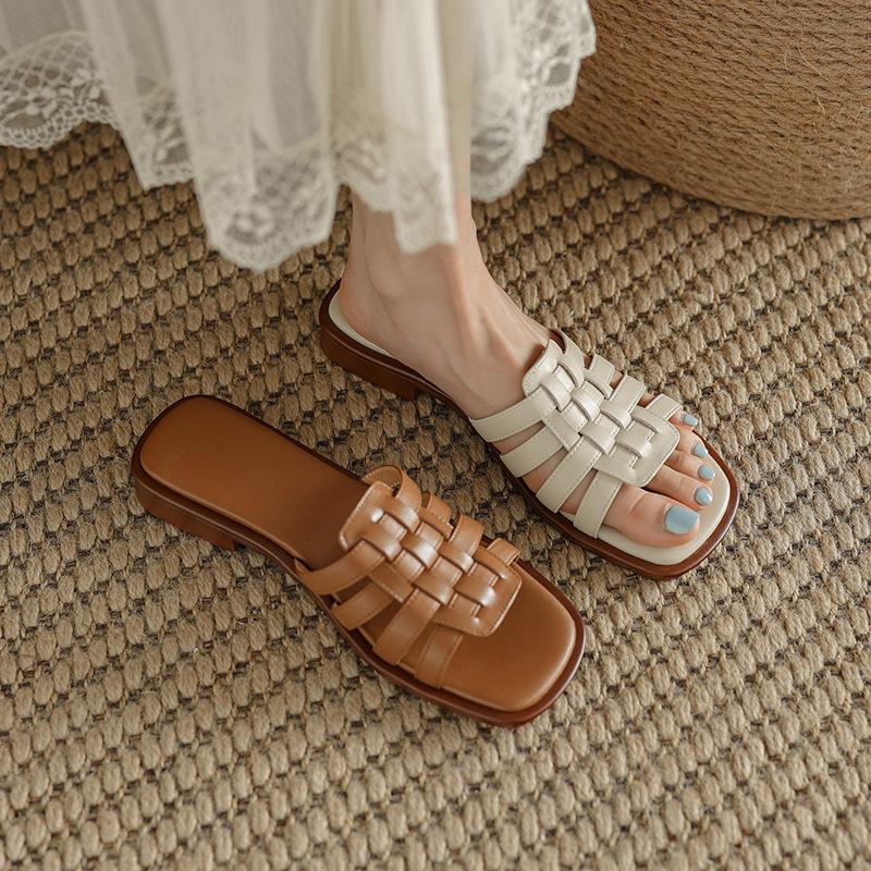 Fashion Women's Leather Woven Open-Toe Flat Sandals Summer New Style Leisure Rubber Bottom Ladies Slippers Comfortable Sandalias Mujer