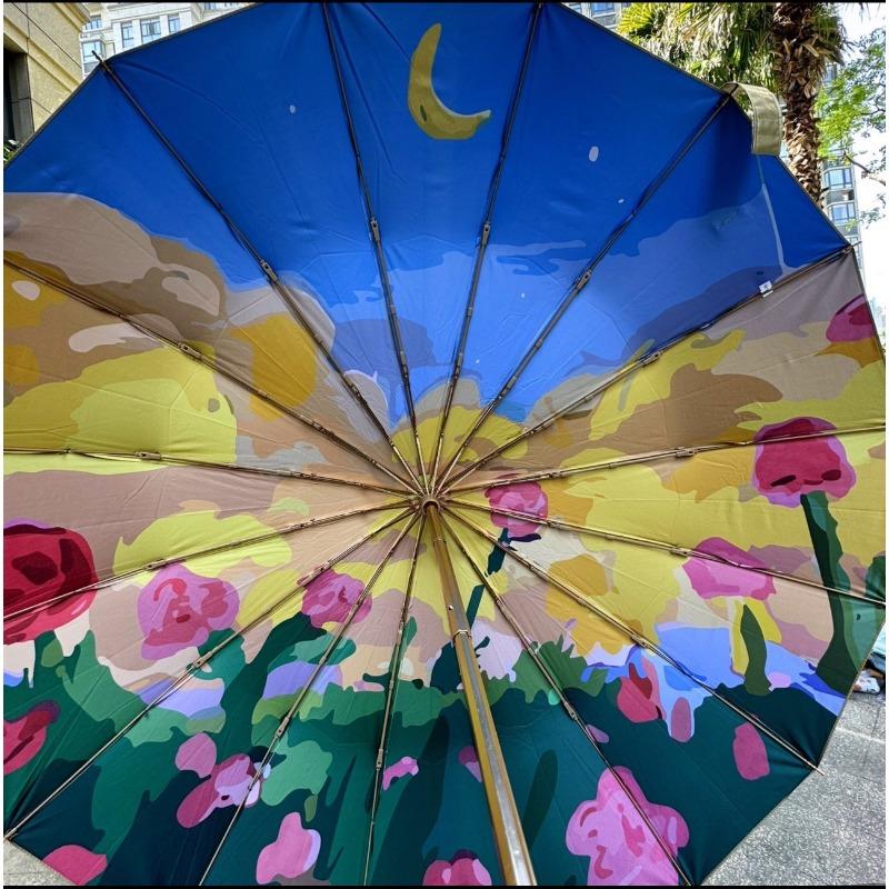New creative three-fold 16-bone titanium hand-opened umbrella retro solid wood handle parasol sun umbrella