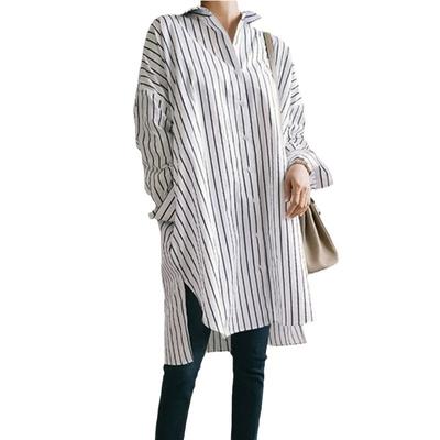 Primavera e verão nova camisa listrada média e longa solta feminina tamanho grande