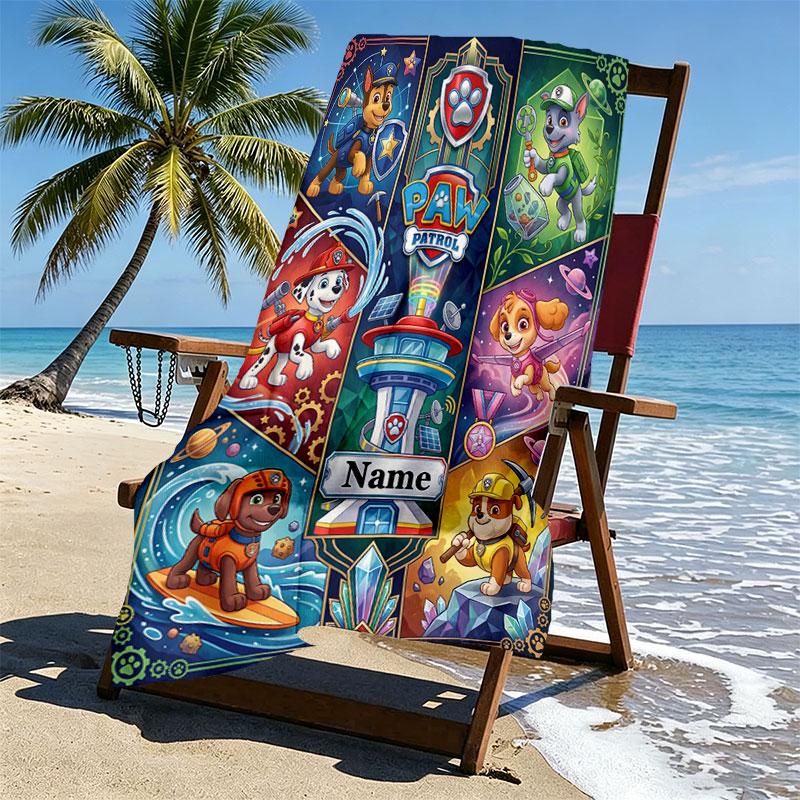 Custom Name Personalized PAW Patrol Print Beach Towel, for Trip Camping Beach Party Home Decor, Birthday Gift for Family & Friends
