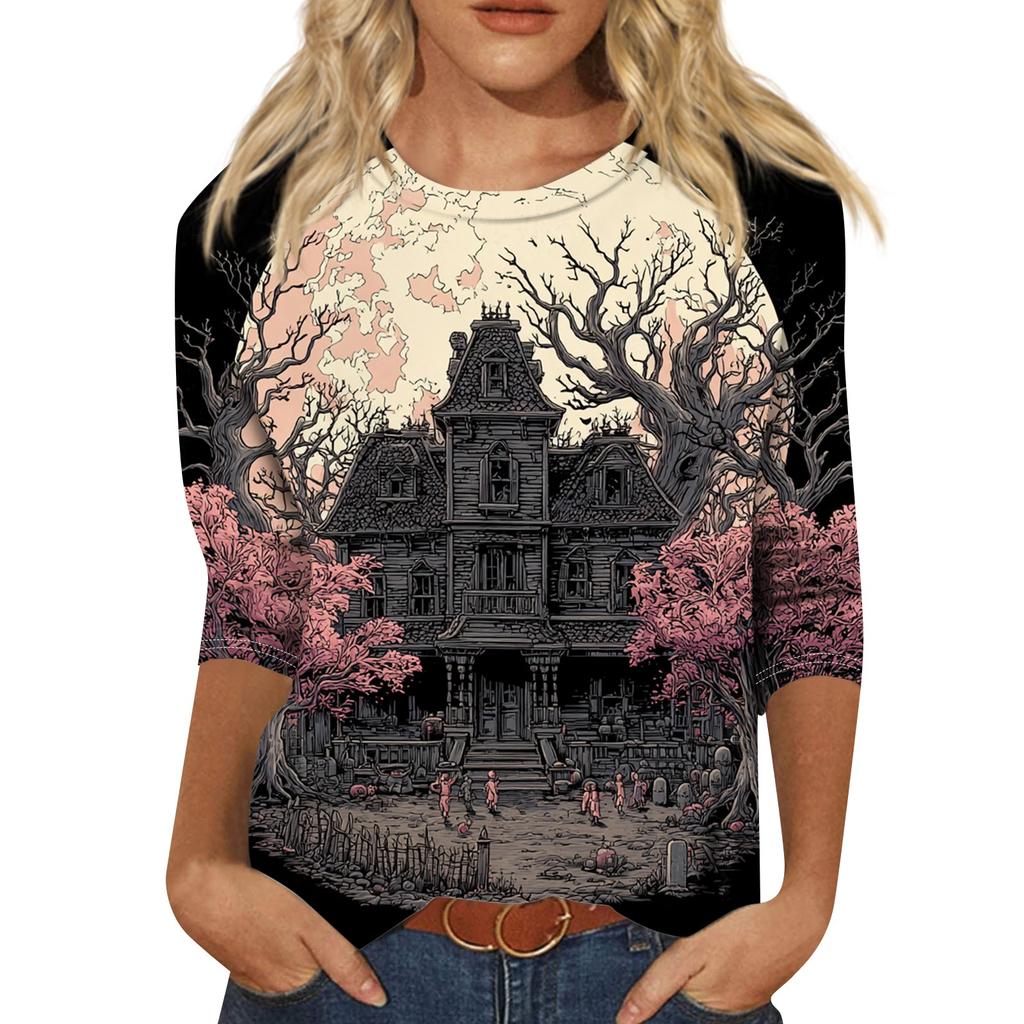Women's Fashion Casual Round Neck Three-quarter Sleeve Halloween Printed T-shirt Top