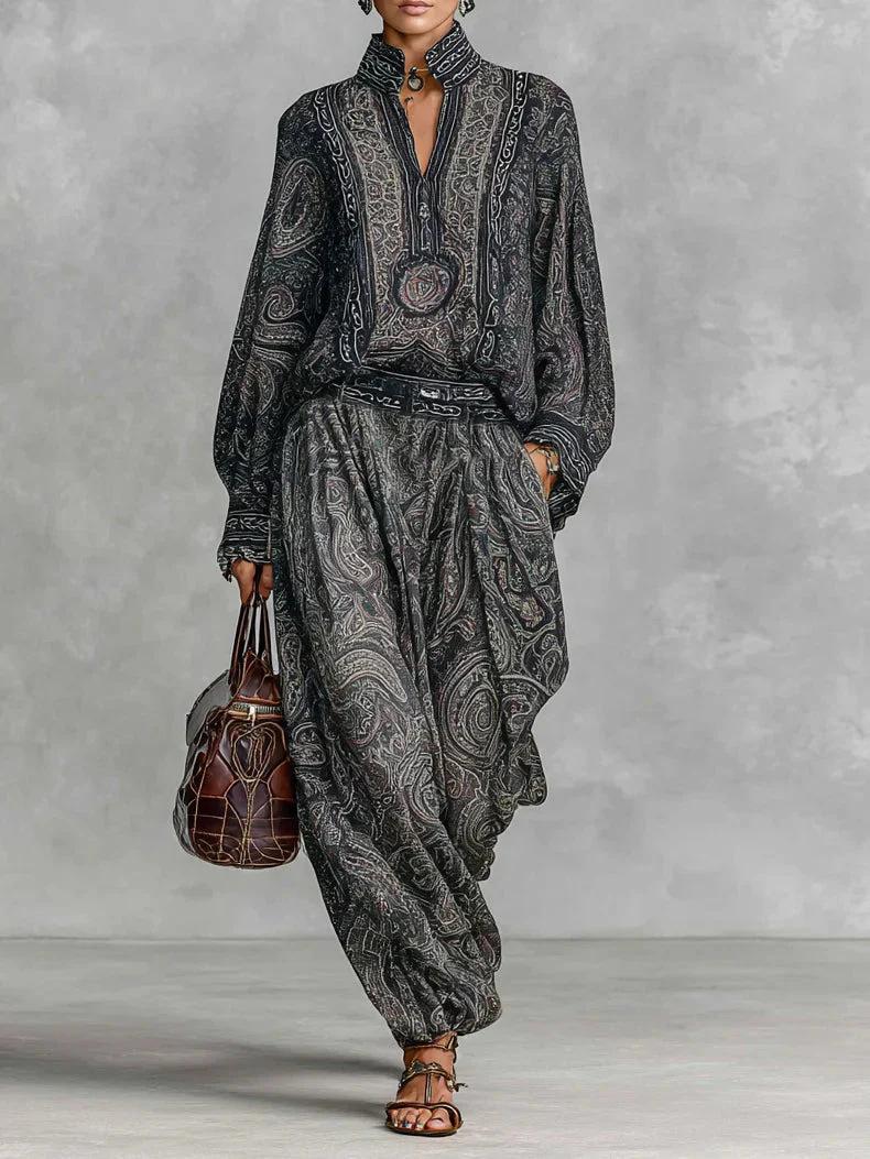 

Womens Long Sleeve Paisley Print Top and Wide Leg Pants Two Piece Set XS