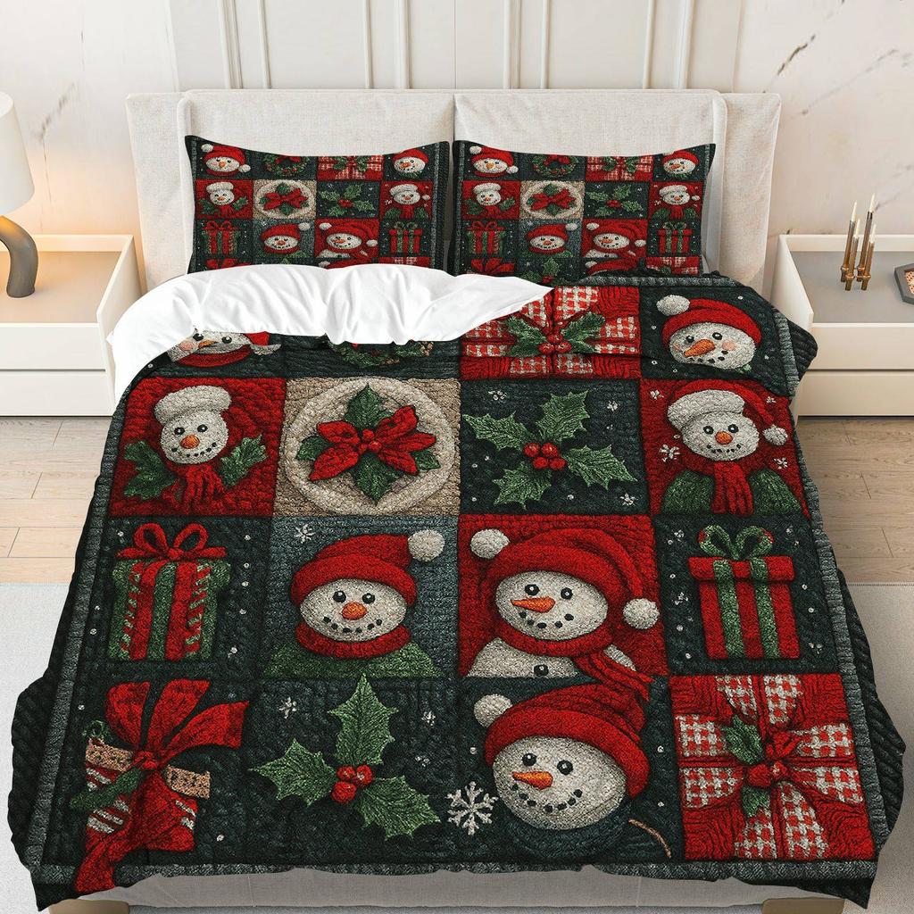3pcs Festive Snowman & Holly Checkered Duvet Cover Set - Cozy Christmas Bedding with Zipper Closure, Machine Washable