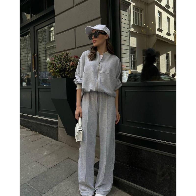 Jachetă de hanorac simplă la modă de primăvară cu gât rotund și pantaloni casual cu picioare drepte