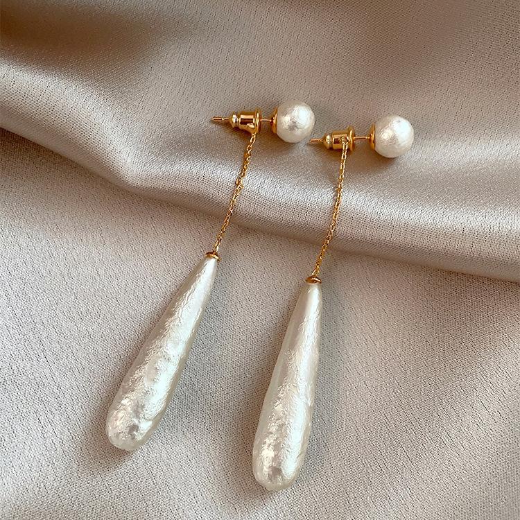 Vintage French Textured Pearl Water Drop Earrings Elegant Two-Wear Long Stud Earrings Dress Earrings