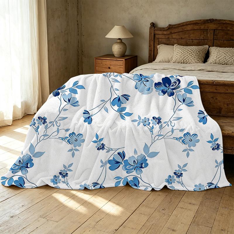 Lightweight Flannel Blanket Soft, Warm with Blue Flower Pattern, Portable for Home & Car Use, Ideal for Halloween & Christmas Relaxation