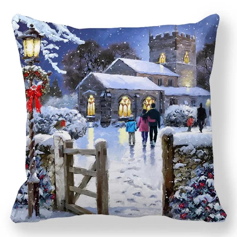 Christmas Decor Cushion Cover Christmas Gifts Home Party Decorative Pillow Cover Winter Snow Scene Animal Angel Print Pillowcase