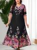 Dubai Islamic Style Plus Size V-Neck Floral Black Casual Dress