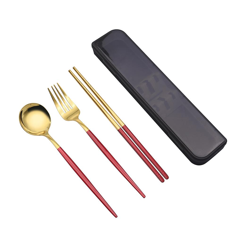 

3pcs Box Stainless Steel Spoon Chopsticks Fork Set Outdoor Chopsticks Spoon Portable Tableware Set Gift Red-B