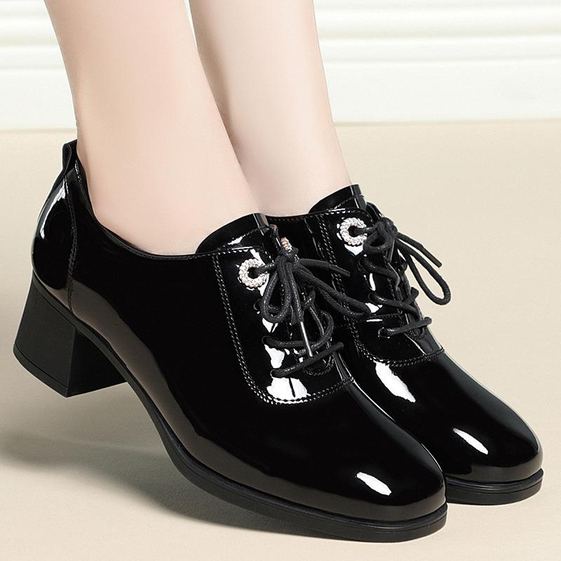 4.5cm New Soft Leather Shoes with Soft Soles Middle-aged Women's Shoes with British Style Deep Mouth and Square Head