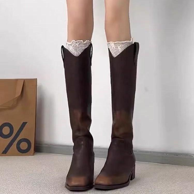 Behalte es für dich~ Stiefel Damenstiefel 2025 Neu Poliertes V-Maul Weitschaft Dicke Wade Schlanker Reißverschluss hinten Dicker Absatz Ritterstiefel