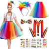 Clown Costume Set for Women Halloween Costume Circus Outfit Rainbow Tutus Skirt Feather Headband Socks Suspenders Bowtie