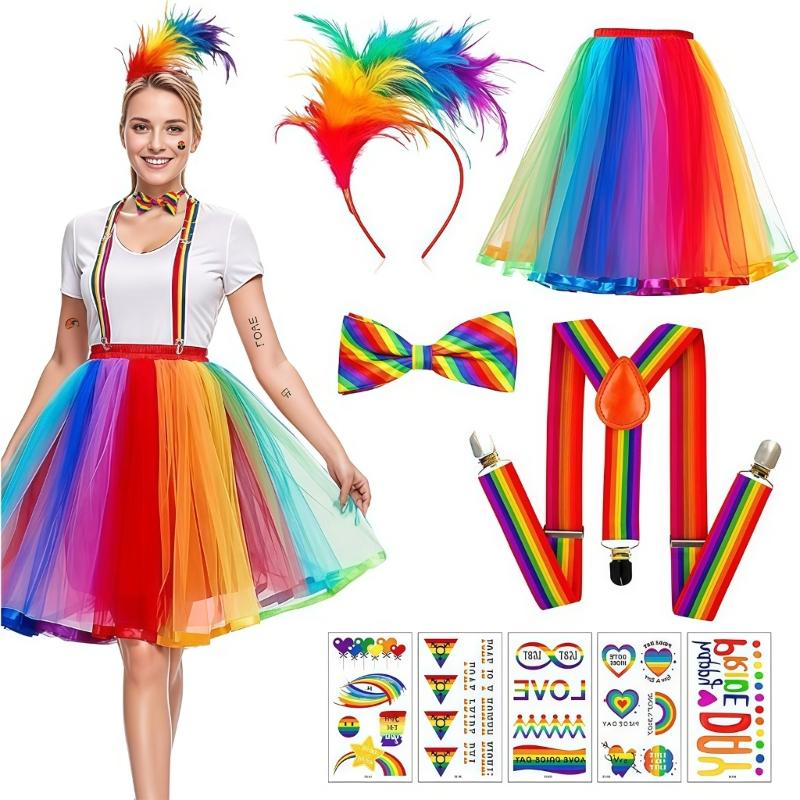Clown Costume Set for Women Halloween Costume Circus Outfit Rainbow Tutus Skirt Feather Headband Socks Suspenders Bowtie