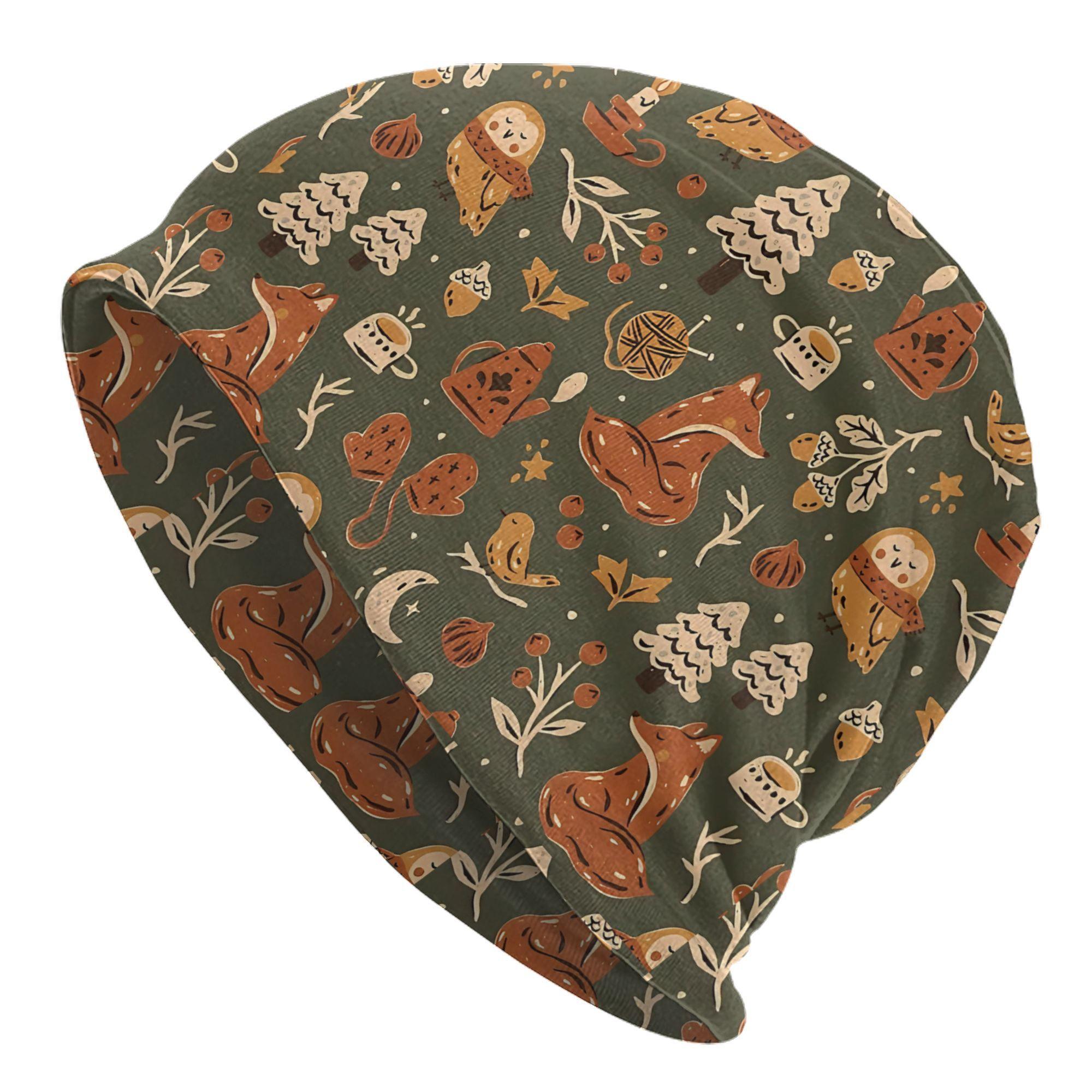 Autumn Woodland Creatures Knit Beanie Hat - Polyester And Elastane Stretchable Skull Cap With Fox And Nature Print For Fashionab One Size