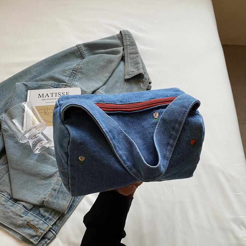 Denim Small Square Bag Flower Embroidery Lightweight Women's Shoulder Bag