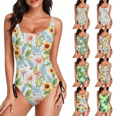 Womens Swimsuit Tummy Control Push Up Bathing Suit Scoop Neck Slimming Swimwear Floral Printed Leotard