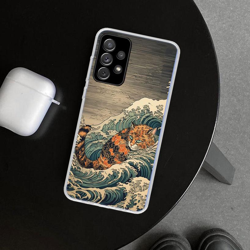 Anime Cat Sea Wave Aesthetic Phone Case for Samsung Galaxy A17 A16 A26 A36 A56 A57 A37 A15 A25 A35 A55 A14 A24 A34 A54 A13 A23 A
