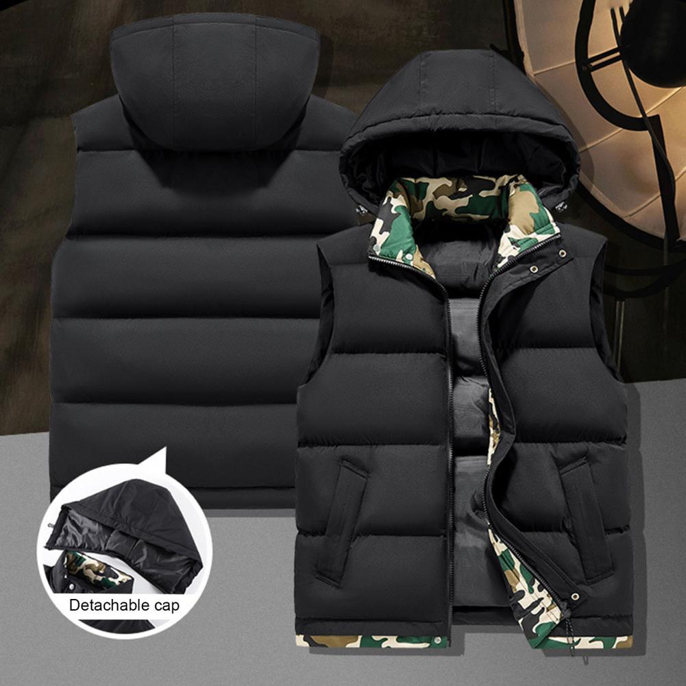 Men Hooded Vest Camouflage Liner Autumn Winter Stand Collar Warm Windproof Slant Pockets Zipper Closure Casual Male Sleeveless W