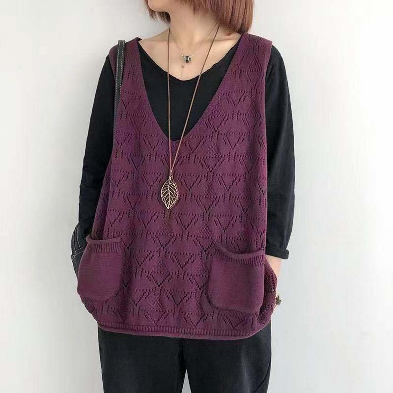 Knitted Vest Women's V-neck Hollow Thin Sweater Solid Color Casual Knitted Pullover Sleeveless Top Large Pocket Design Loose Casual Autumn