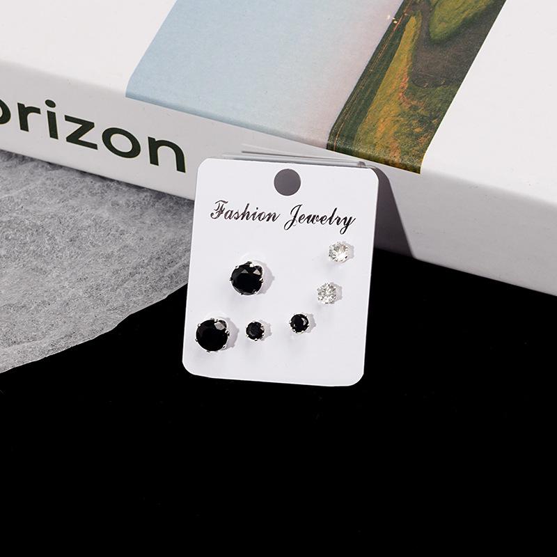 Simple Geometric Diamond-Set Earrings Set 3 Pairs Of Black And White Diamond Stud Earrings, Small Goods.