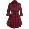Women Fashion Casual Plaid Printed Long Sleeve Mid Length Belted Lapel Lace Dress