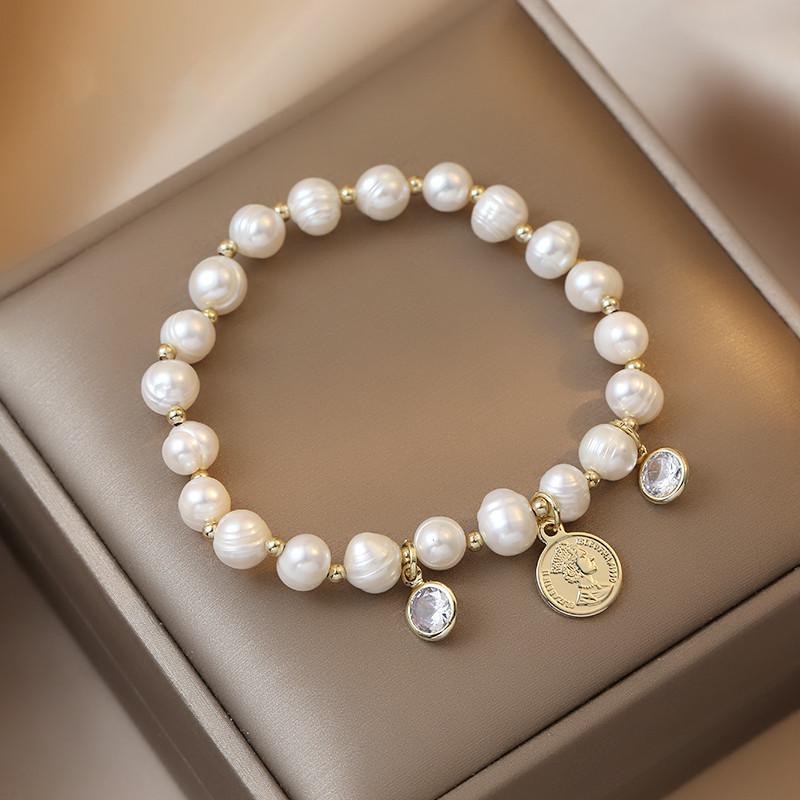 Korean Style Adjustable Freshwater Pearl & Zircon Beaded Coin Bracelet