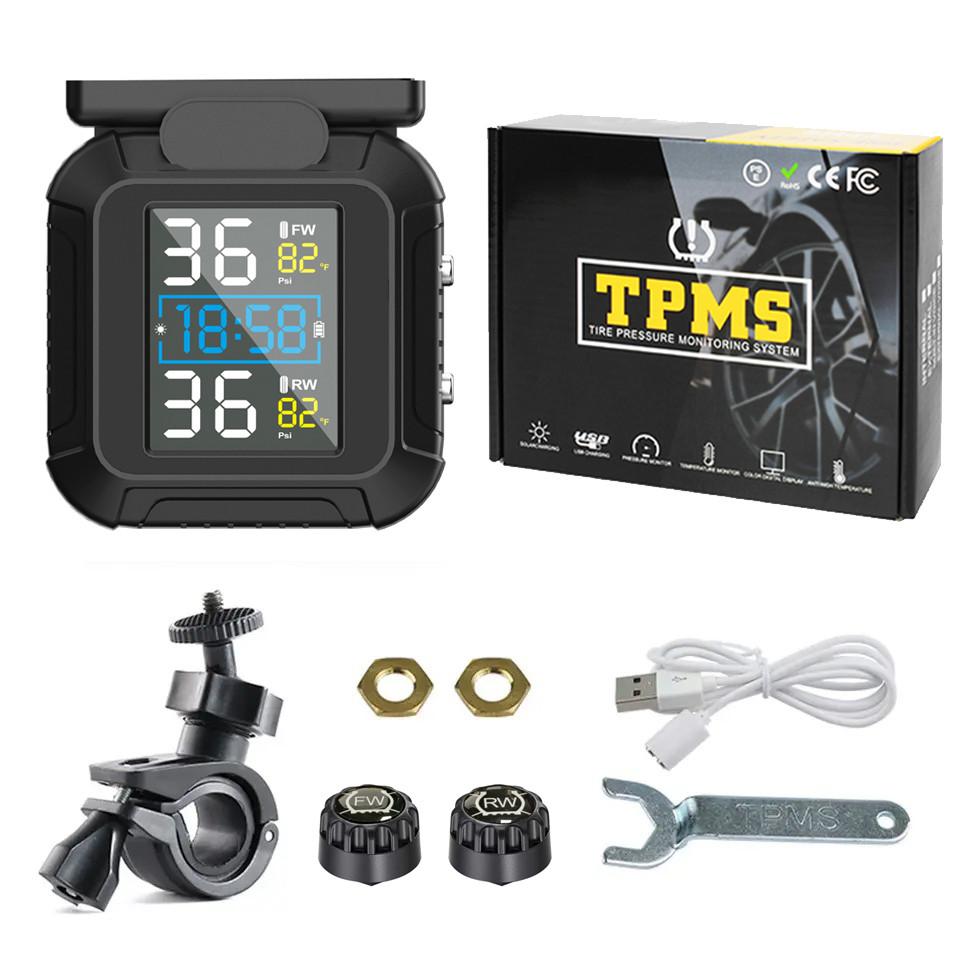 Wireless Motorcycle Tire Pressure Monitor Solar TPMS Safety System IPX7