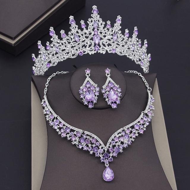 Gorgeous Blue Crystal Wedding Crown Necklace Sets For Women Bridal Jewelry Sets Earrings Prom