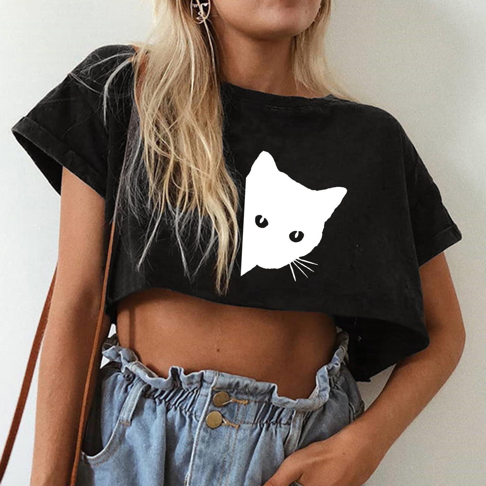 

Женская черная укороченная футболка с коротким рукавом и цветочным принтом, свободная короткая футболка