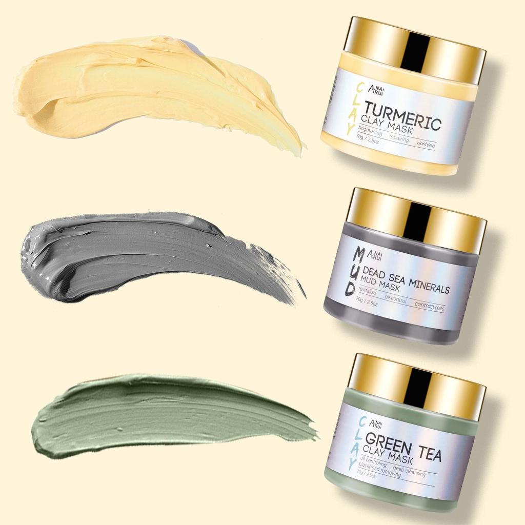 ANAiRUi 3-in-1 Clay Mask Set Turmeric Green Tea Dead Sea Mud 3 x 70g