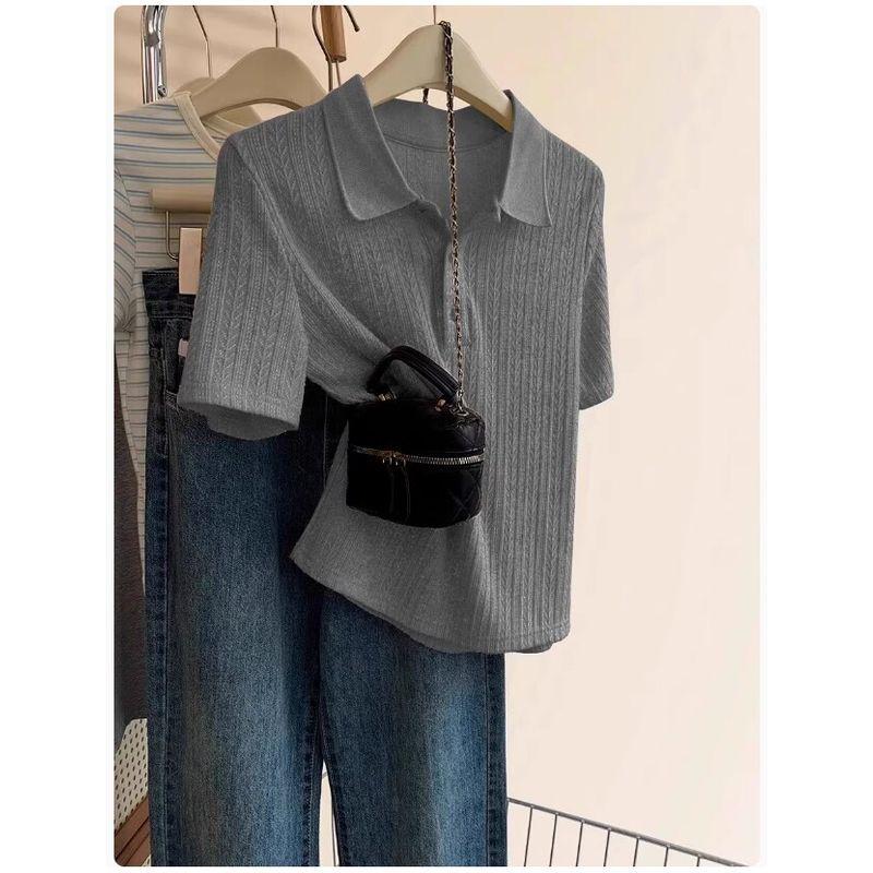 

Loose Slim Looking [40.00 Kg-100.00 kg] Polo Collar Ice Silk Short Sleeve T-shirt Female Summer Stylish Wheat Shoulder Tops Gray XL
