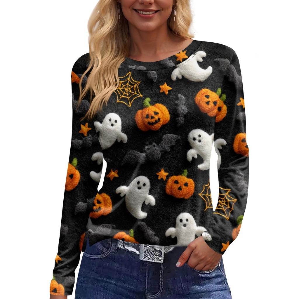 Mote Casual Langermet Trykk Rund Hals Pullover Topp Bluse for Kvinner