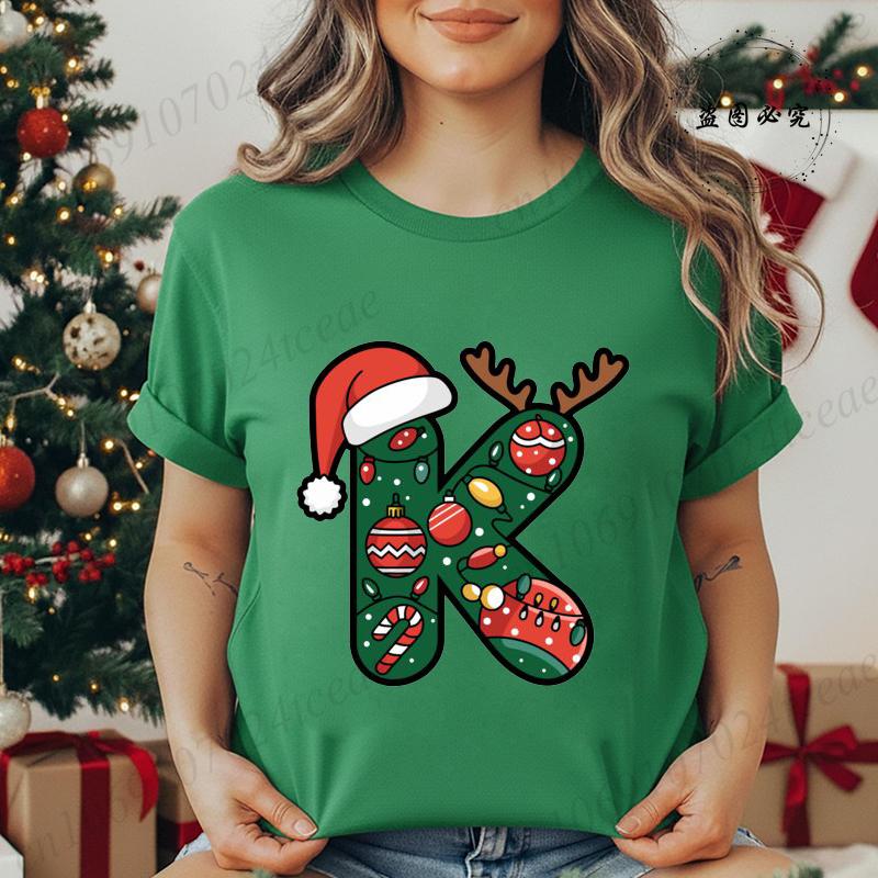 Fashion Printed T Shirt Festive Christmas Alphabet Letter with Santa Hat Unisex T Shirt Short Sleeves Crew Neck Female Clothes