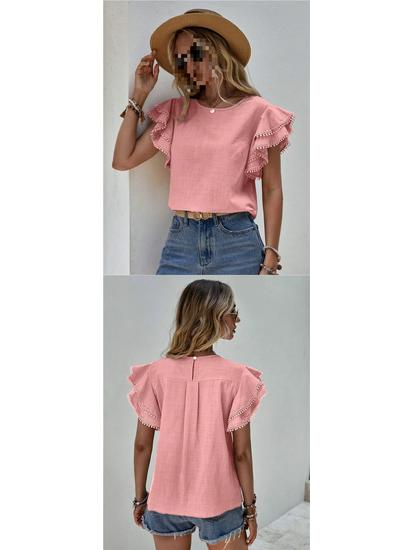 European & American Women's Casual Summer Round Neck Ruffle Batwing Short Sleeve Top