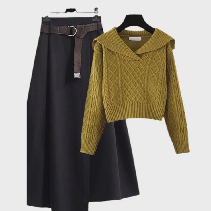 Retro námořnický límec japonský dvoudílný svetr a sukně, podzim 2024, krátký top styl.