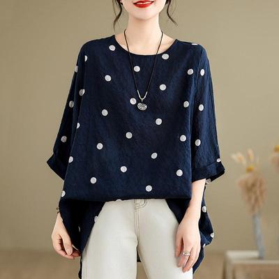 Short Sleeve Plus Size Cotton Vintage Polka Dot Casual Loose Long Tops Women Summer T-shirt