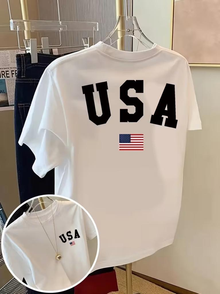 USA Flag Patriotic Print Tshirt Double Sided American Flag USA Letter Graphic Short Sleeve Tops Unisex 4th Of July Casual Tee