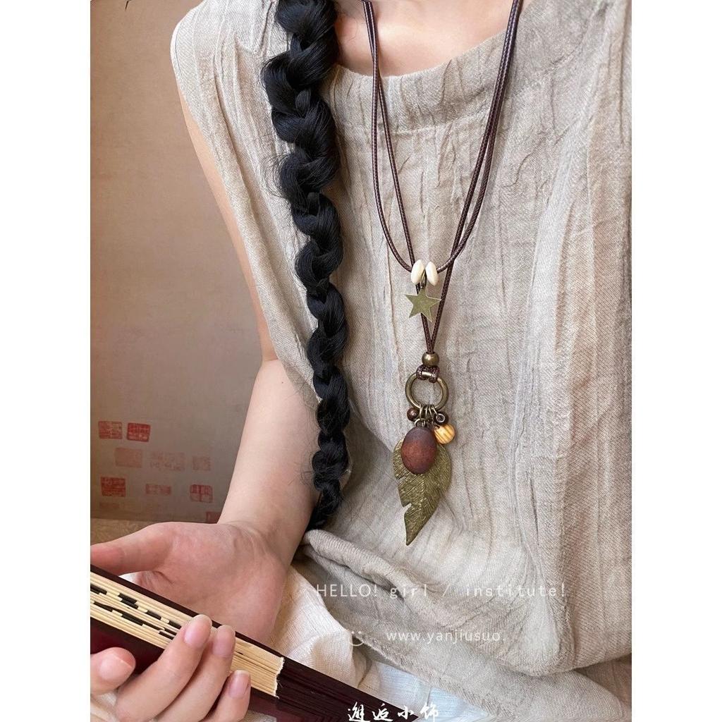 Zen Feather Pendant Long Necklace Women's Retro Ethnic Versatile Sweater Chain New Chinese Accessories