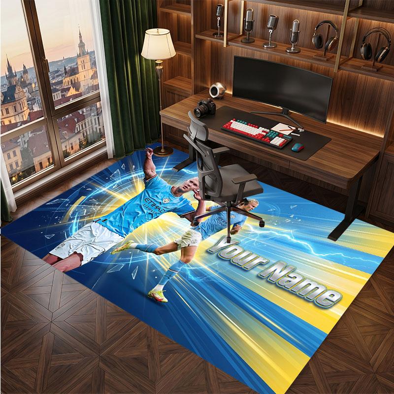 Erling Haaland Custom Crystal Velvet Rug, Personalized Name Text Print, Football Logo Soft Non‑Slip Floor Mat Home Decor Gift