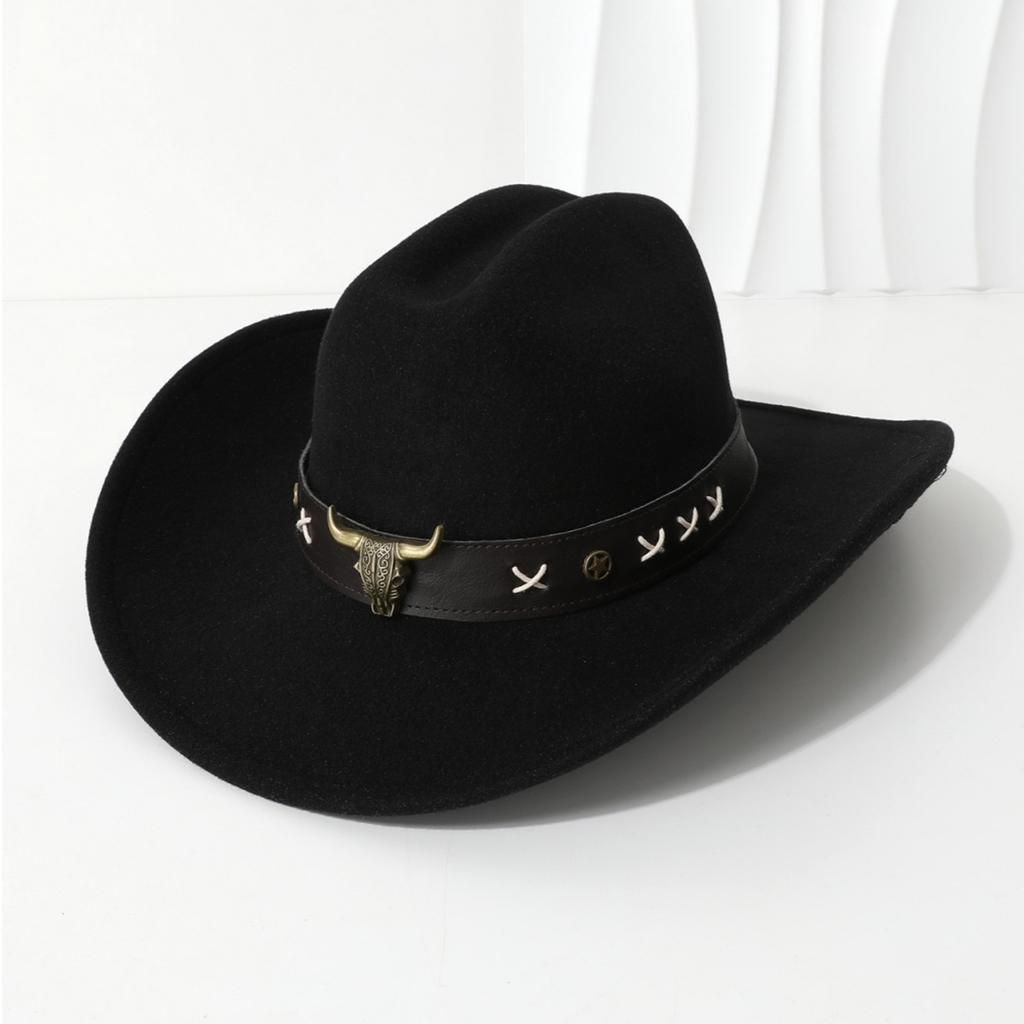 3D cowboy hat with rolled and upturned brim, large cowboy hat in European and American fashion, ethnic Tibetan felt hat