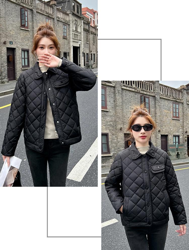 Thin Short Rhomboid Winter Jacket with Turn Down Collar