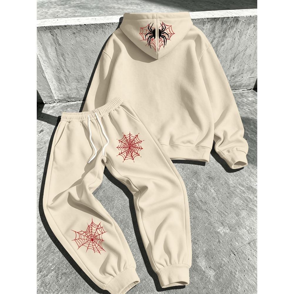 Men's 2‑Pcs Set, Trendy Pattern Print Loose Hooded Sweatshirt & Autumn Winter Fleece Drawstring Athletic Casual Pants