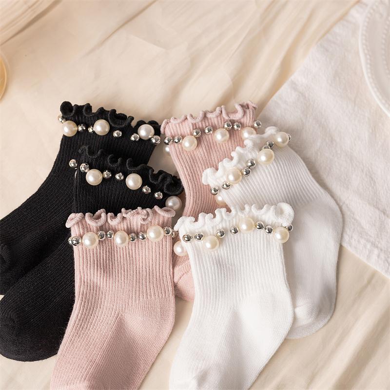 3Pairs/Lot Baby Girls Pearl Socks Spring Autumn Princess Kids Cute Socks Toddler Soft Cotton Lace Short Tube Sock For 0-7Years