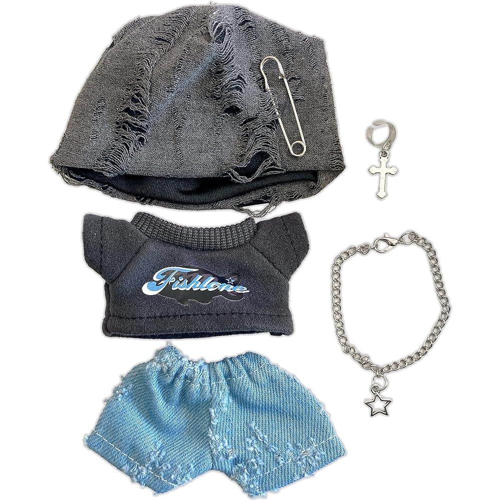 

Kpopdoll Knit Hat T-Shirt Pants Necklace Set 10cm Grey Doll Clothes Costume Accessories