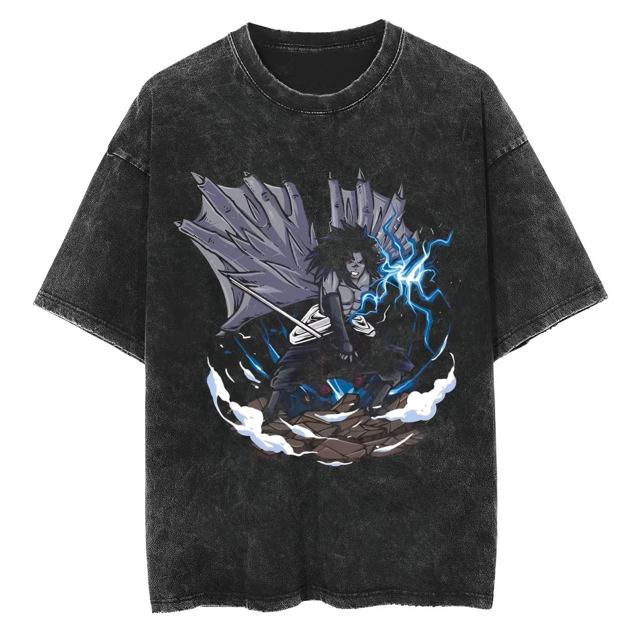

Sasuke Uchiha T Shirt Naruto Men Acid Wash Cursed Seal Level 2 Anime Graphic Cotton Streetwear Chidori Demon Wings Tee M