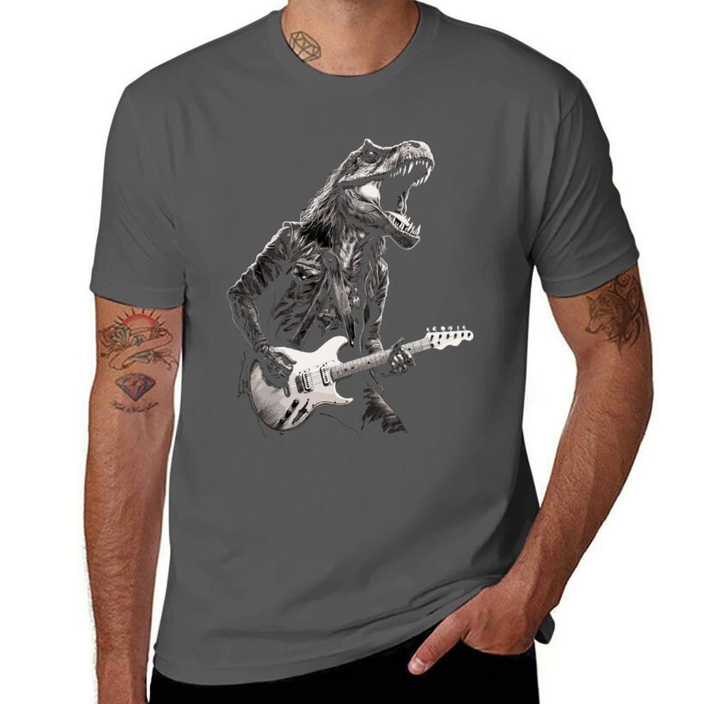 Rock & Roll Music Concert Festival Dinosaur T-rex Guitar T-Shirt cotton tshirt 100% t shirt for man 100 percent cotton T-Shirt