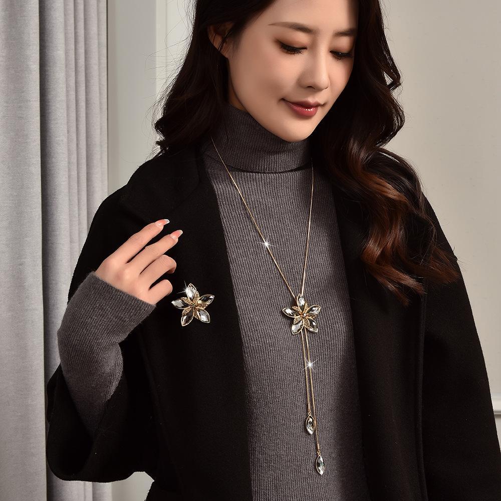 Autumn & Winter Versatile Crystal Flower Tassel Sweater Brooch Necklace